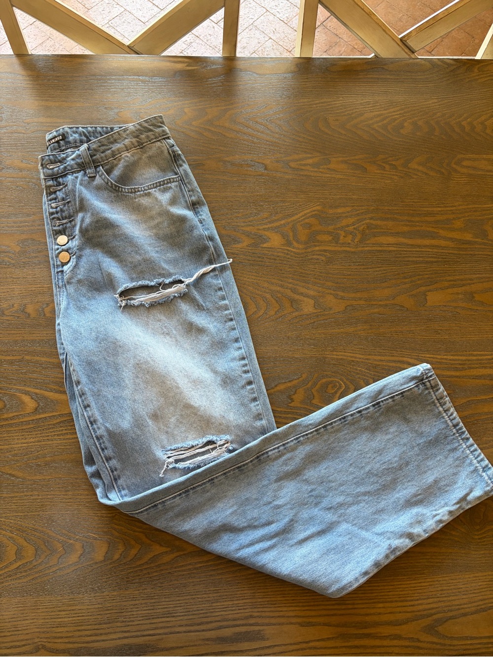 Flamingo High Rise Distressed Wide Leg Jeans Women’s Size L Gray Wash Button Fly